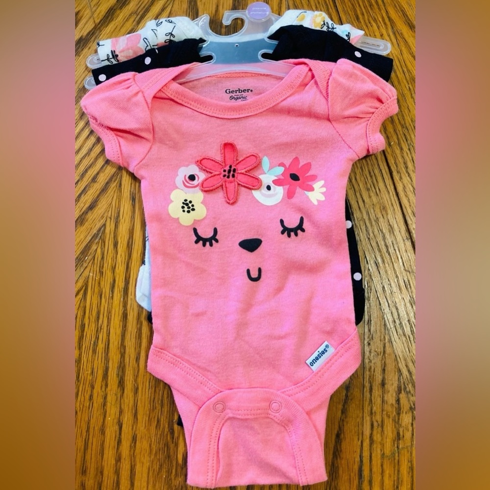 New Three Pack Organic Cotton Gerber Preemie Girl Onesies